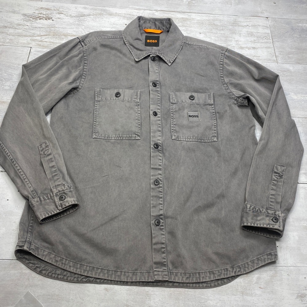 Hugo Boss Overshirt Mens XL Grey Cotton Twill Button Up Shirt Jacket Logo Patch
